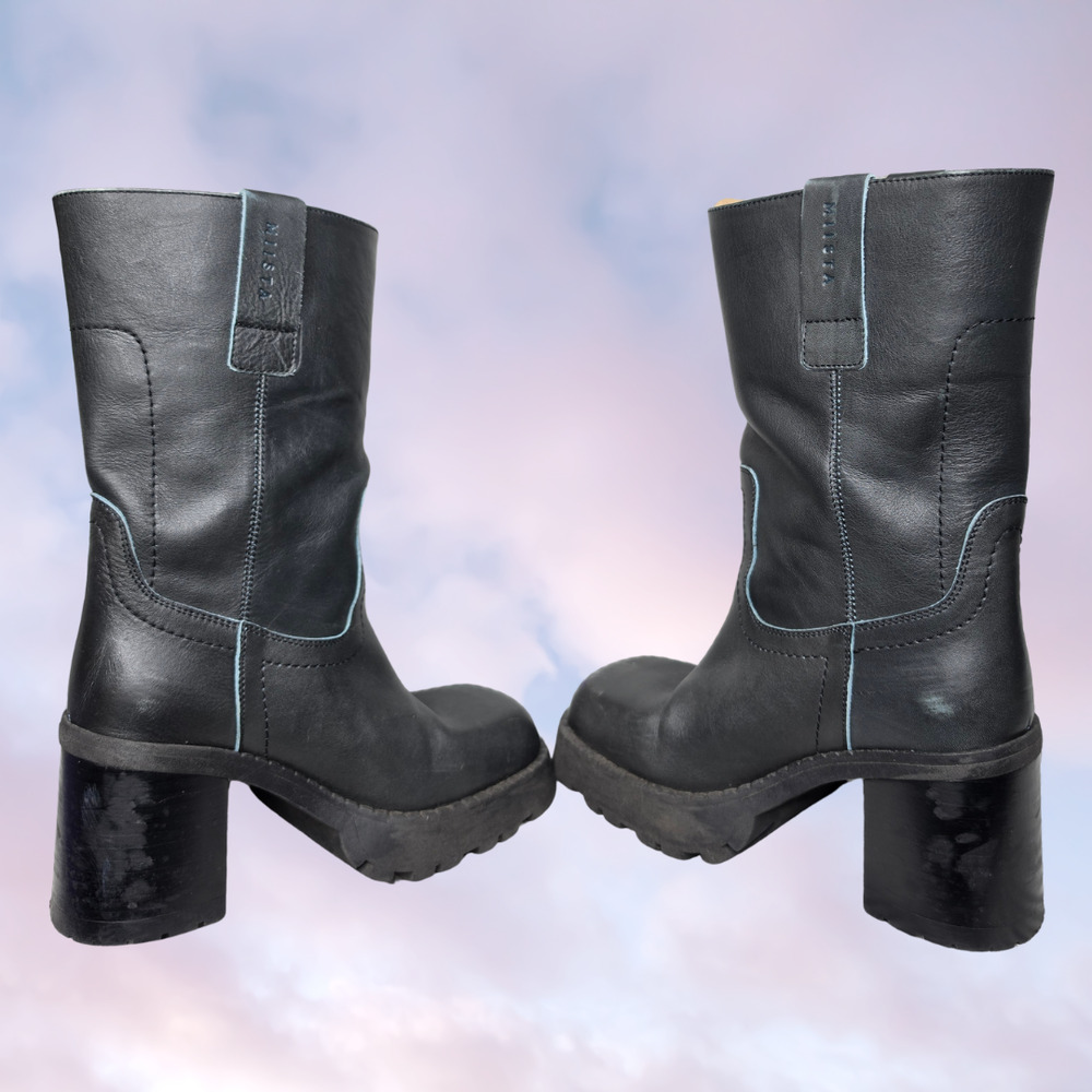 E8 Mista Daiane Black Chunky Square Toe Lugged Sole Heeled Boots Sz 7.5 38 EU - Picture 4 of 7